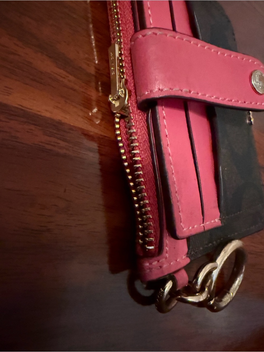 Coach Brown Signature Card Holder with Pink Leather Trim and Key Ring - Picture 3 of 3